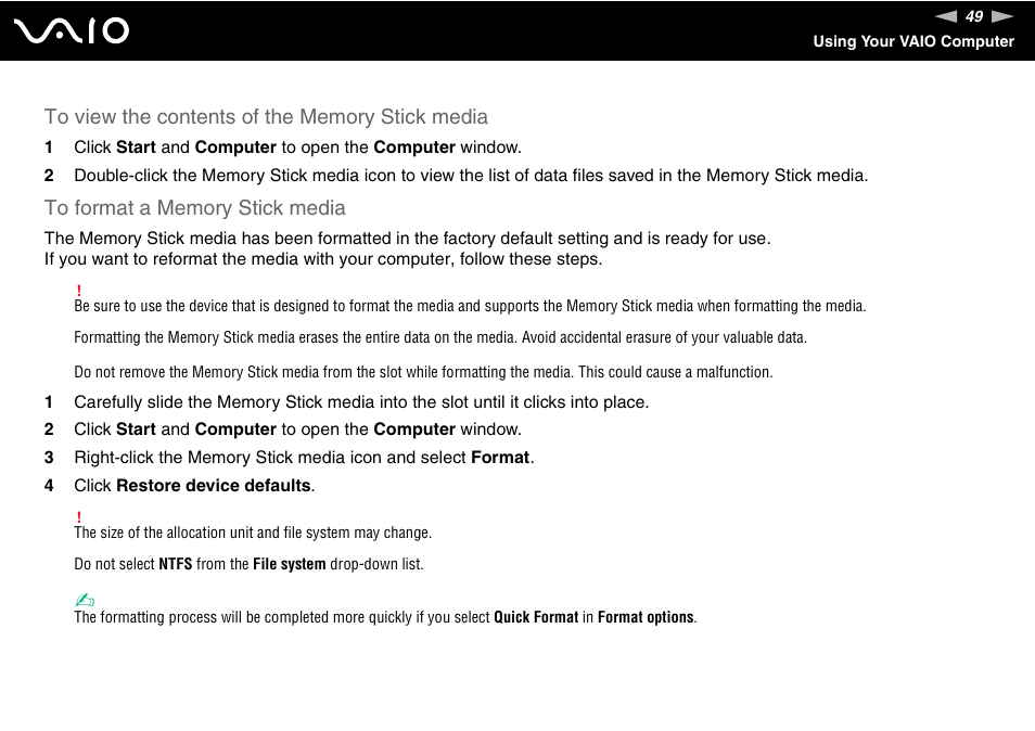 Sony VGN-TXN27N User Manual | Page 49 / 218