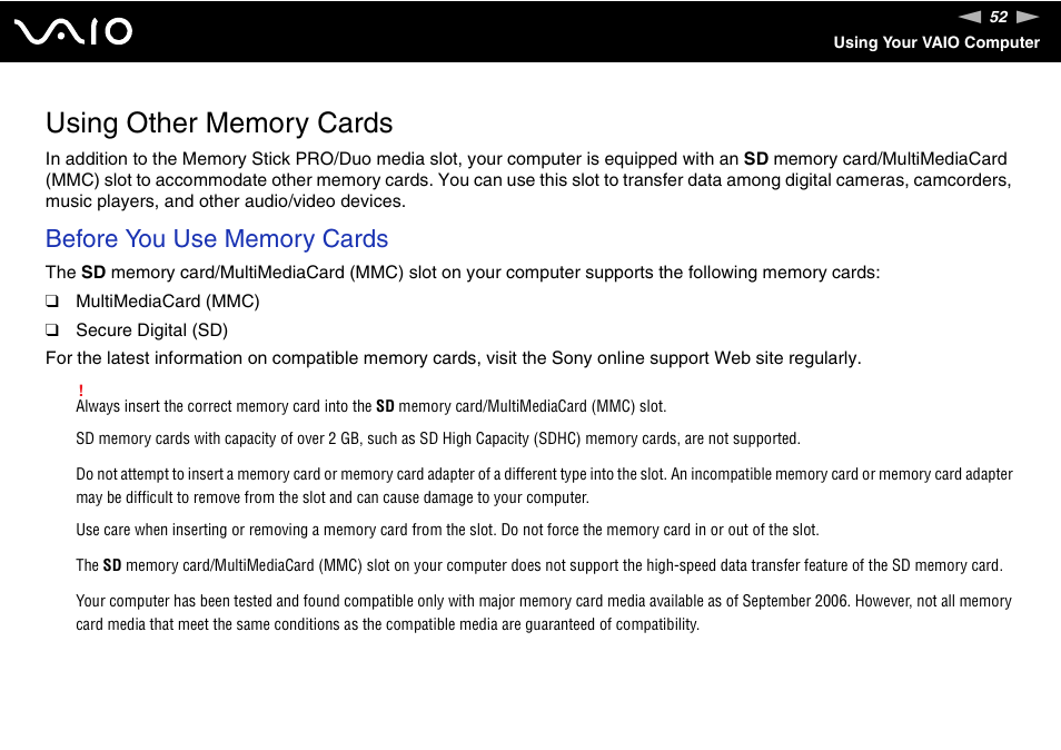 Using other memory cards | Sony VGN-TXN27N User Manual | Page 52 / 218