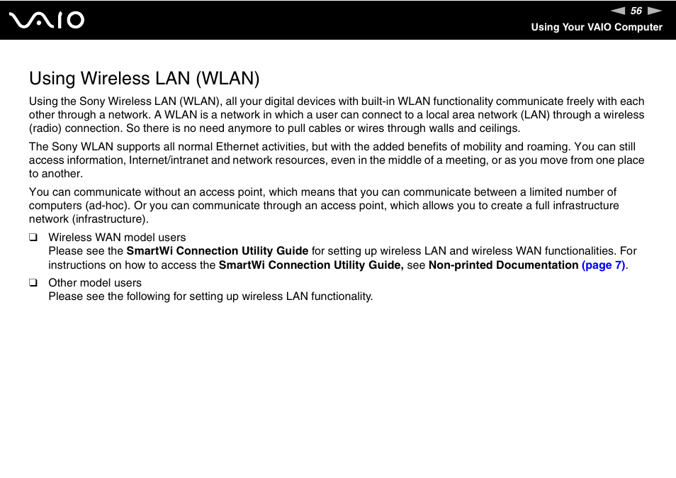 Using wireless lan (wlan) | Sony VGN-TXN27N User Manual | Page 56 / 218