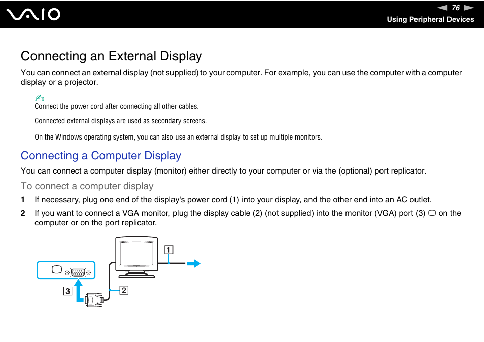 Connecting an external display, Connecting a computer display | Sony VGN-TXN27N User Manual | Page 76 / 218