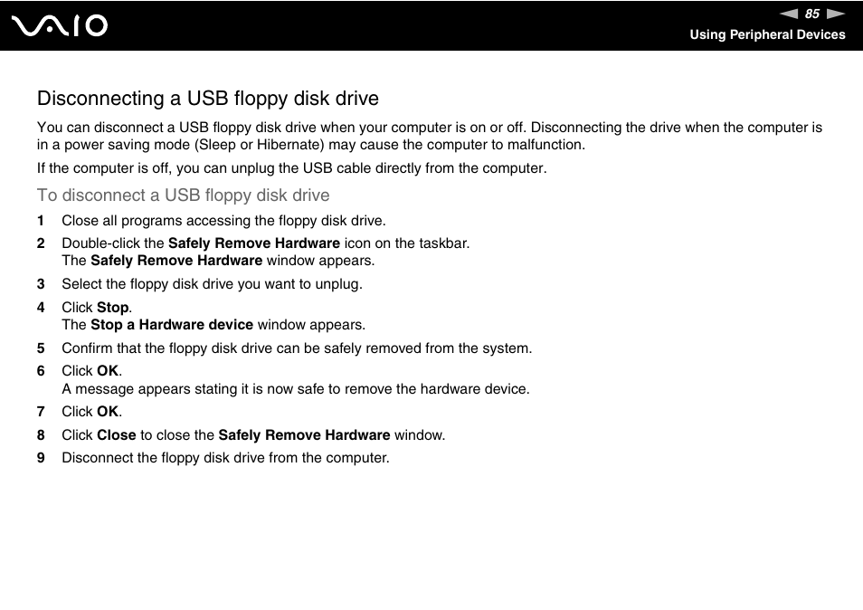 Disconnecting a usb floppy disk drive | Sony VGN-TXN27N User Manual | Page 85 / 218