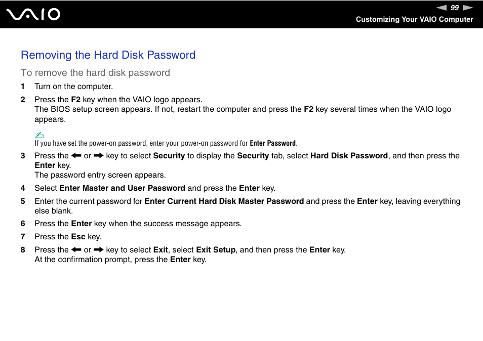 Removing the hard disk password | Sony VGN-TXN27N User Manual | Page 99 / 218