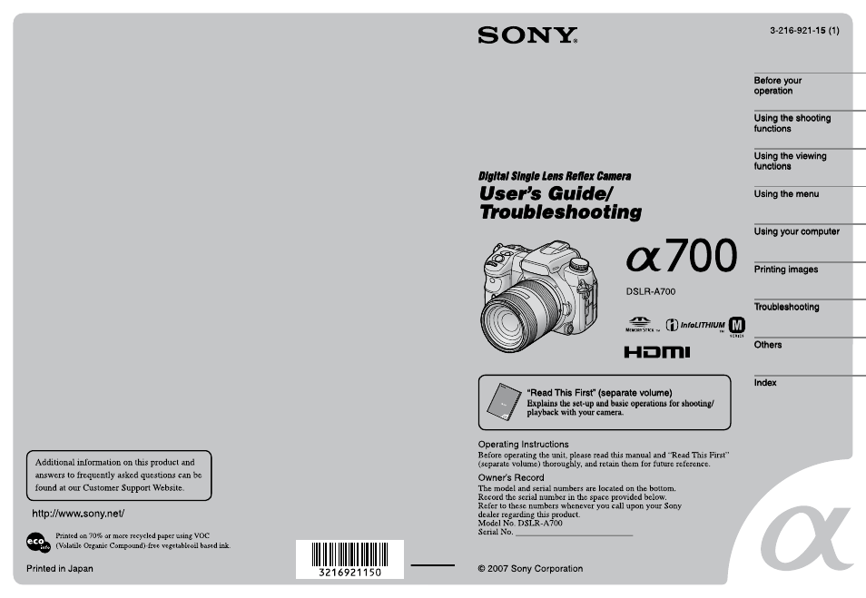 Sony DSLR-A700 User Manual | 179 pages