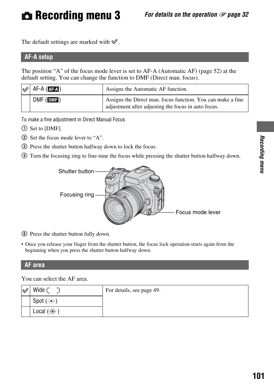 Recording menu 3, Af-a setup, Af area | P (101) | Sony DSLR-A700 User Manual | Page 101 / 179