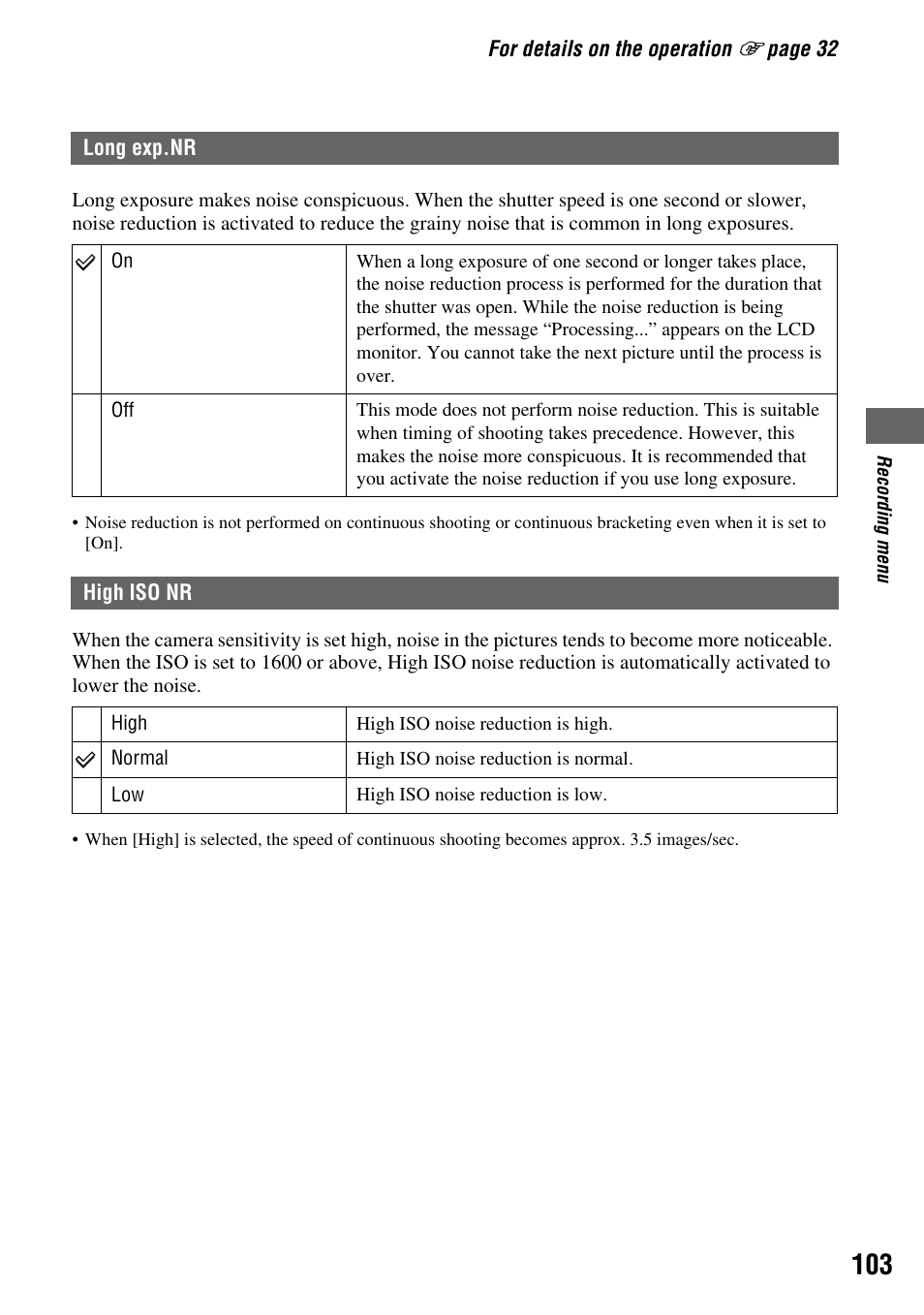 Long exp.nr, High iso nr | Sony DSLR-A700 User Manual | Page 103 / 179