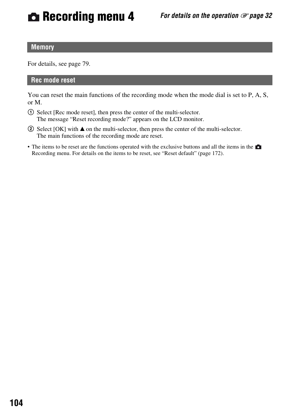 Recording menu 4, Memory, Rec mode reset | Sony DSLR-A700 User Manual | Page 104 / 179