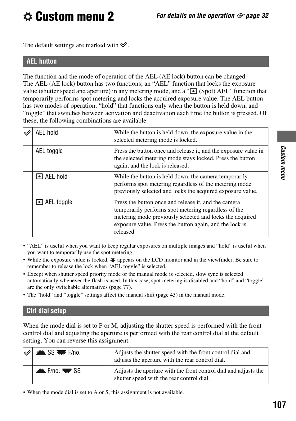 Custom menu 2, Ael button, Ctrl dial setup | Sony DSLR-A700 User Manual | Page 107 / 179