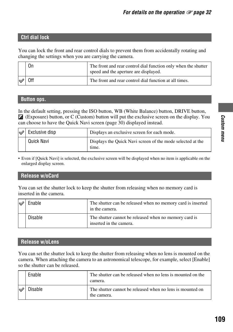 Ctrl dial lock, Button ops, Release w/ocard | Release w/olens | Sony DSLR-A700 User Manual | Page 109 / 179