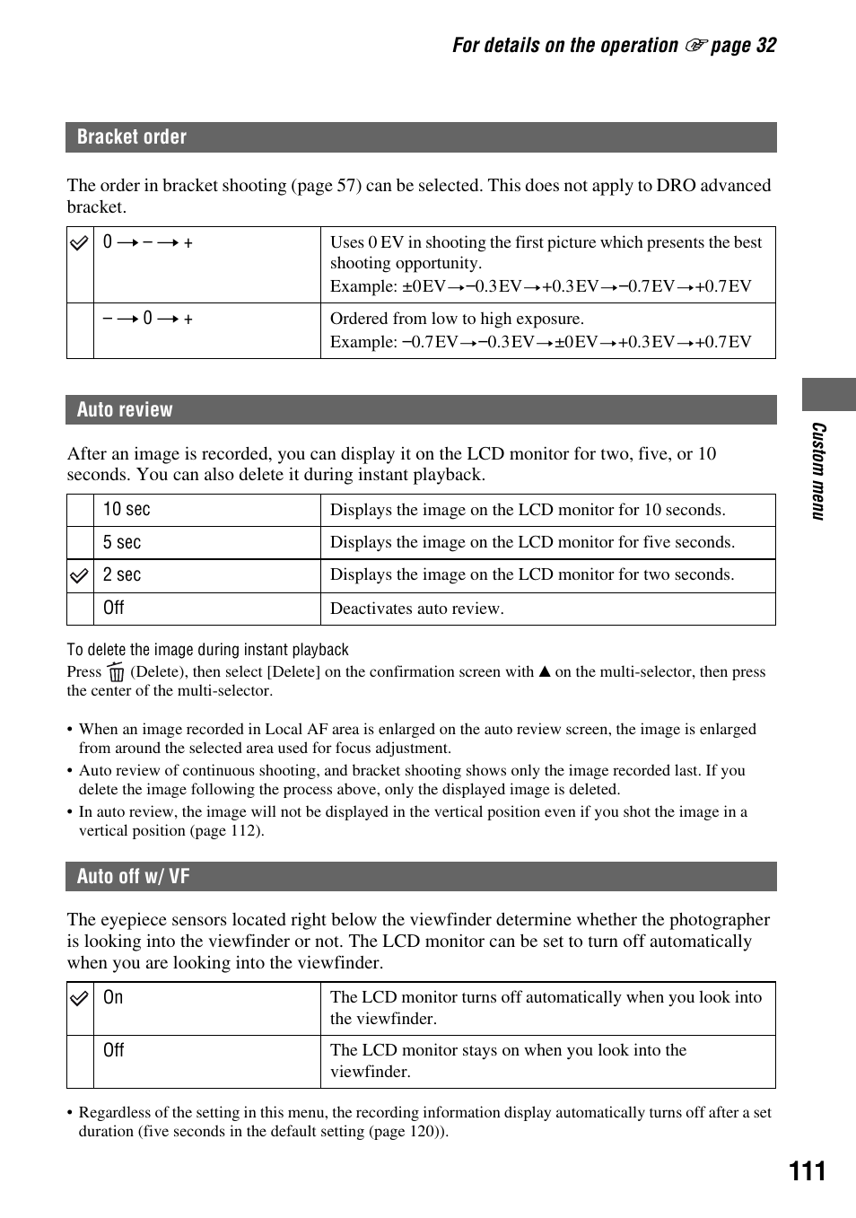 Bracket order, Auto review, Auto off w/ vf | Sony DSLR-A700 User Manual | Page 111 / 179