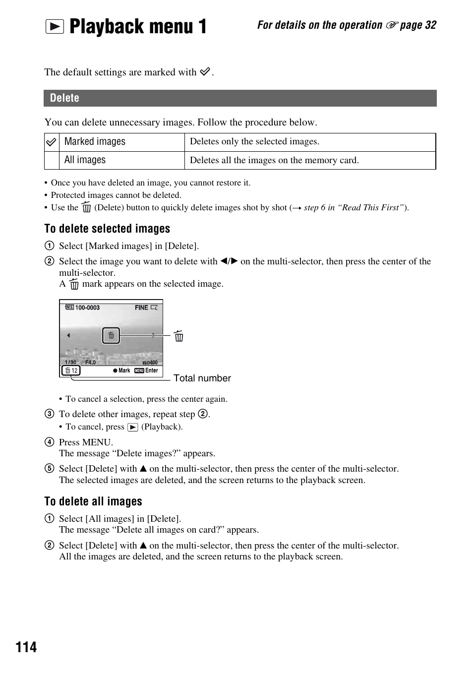 Playback menu 1, Delete, Es 114 to 119) | Sony DSLR-A700 User Manual | Page 114 / 179