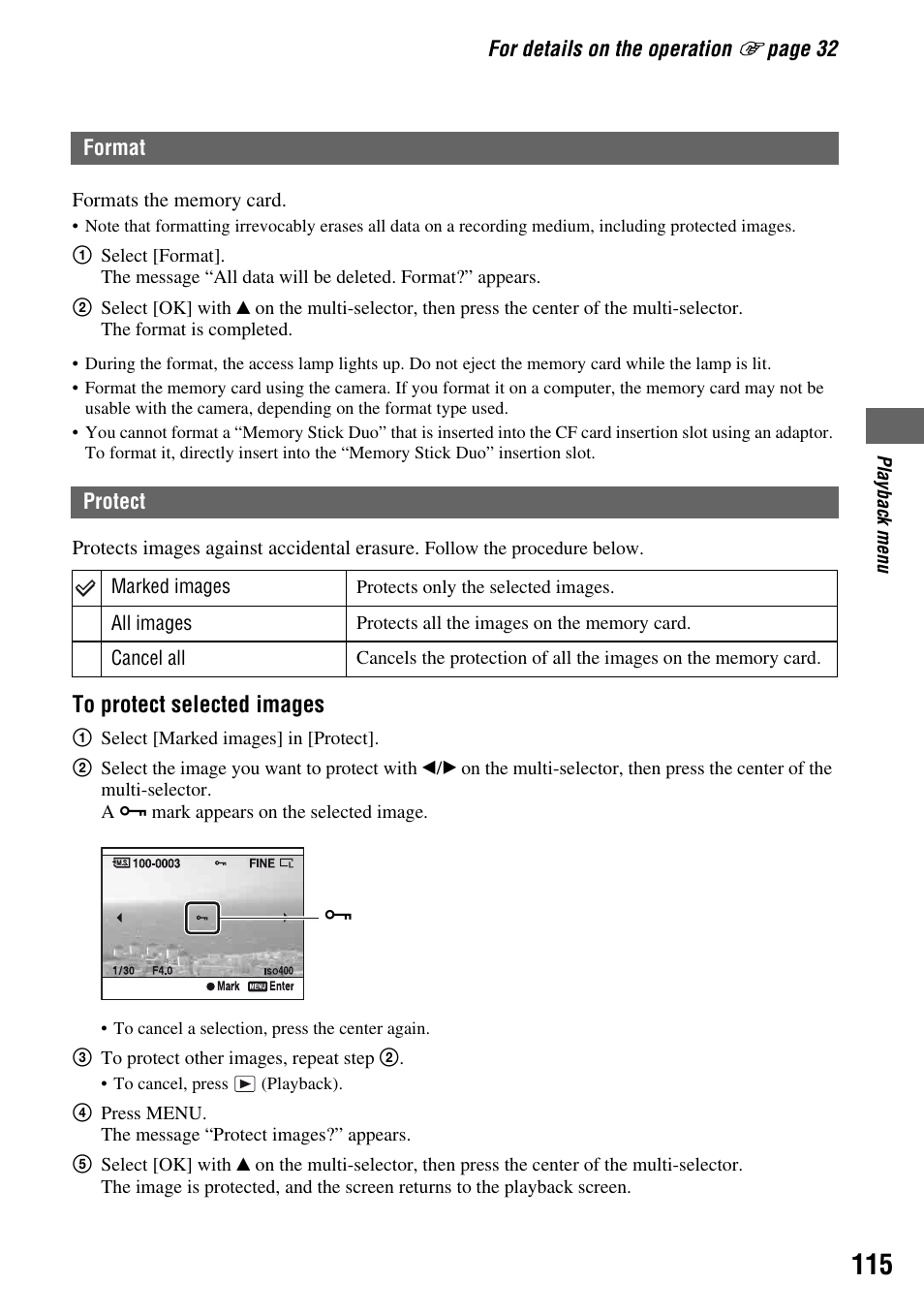 Format, Protect, T (115) | Sony DSLR-A700 User Manual | Page 115 / 179