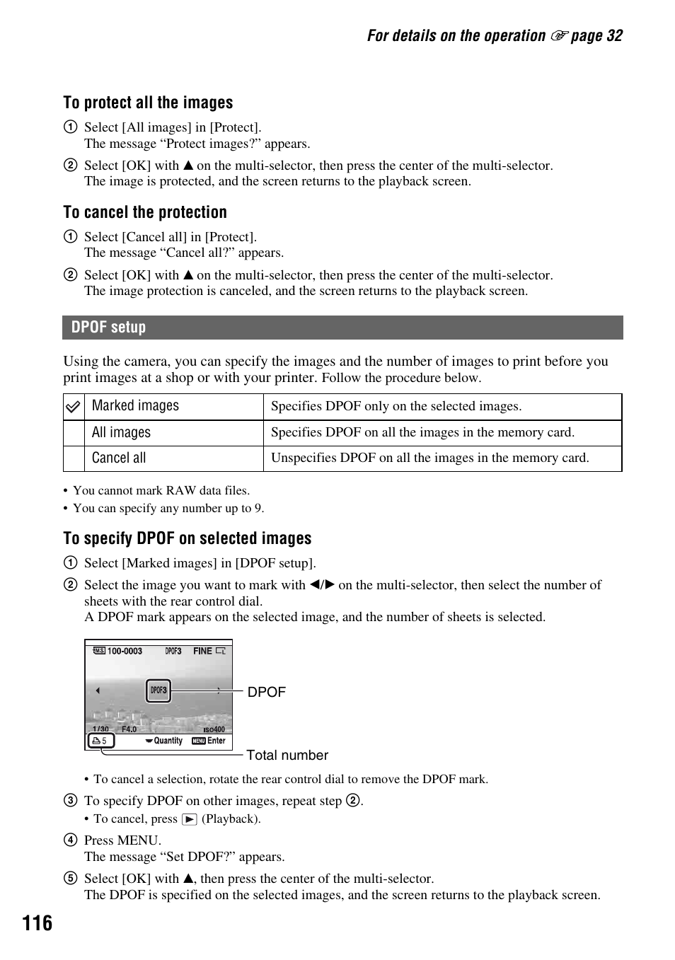 Dpof setup, Of set (116) | Sony DSLR-A700 User Manual | Page 116 / 179