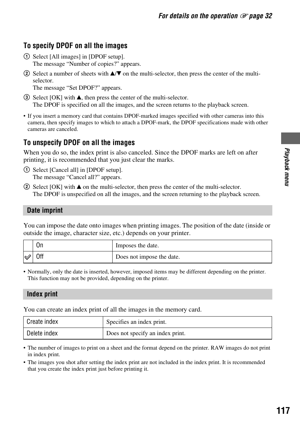 Date imprint, Index print | Sony DSLR-A700 User Manual | Page 117 / 179