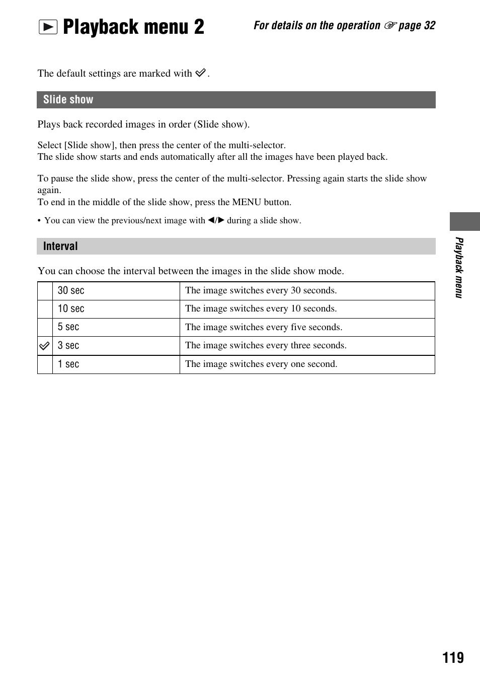 Playback menu 2, Slide show, Interval | Sony DSLR-A700 User Manual | Page 119 / 179