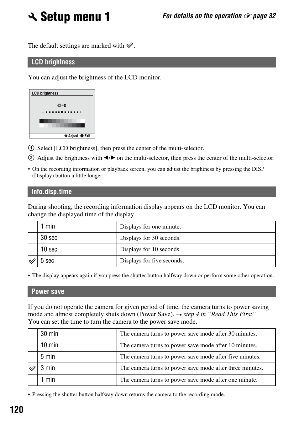 Setup menu 1, Lcd brightness, Info.disp.time | Power save | Sony DSLR-A700 User Manual | Page 120 / 179