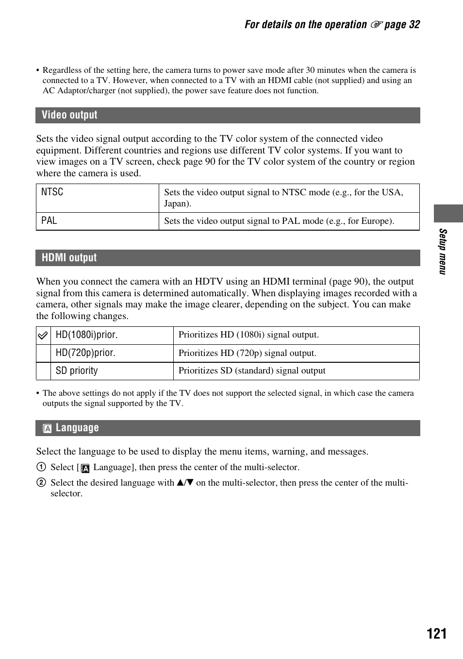 Video output, Hdmi output, Language | Sony DSLR-A700 User Manual | Page 121 / 179