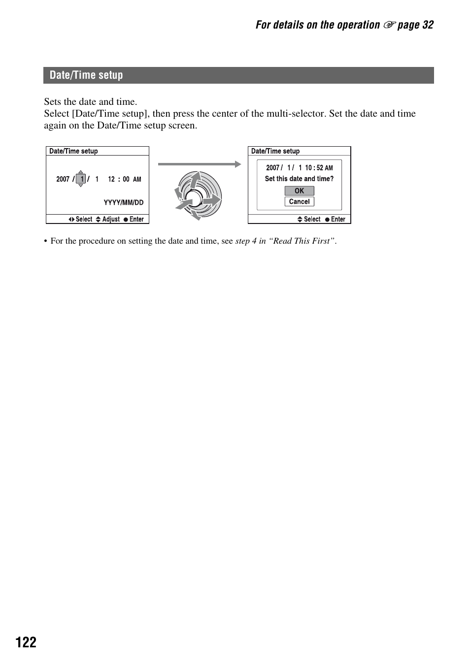 Date/time setup | Sony DSLR-A700 User Manual | Page 122 / 179