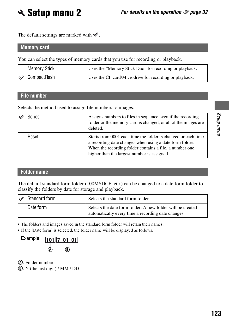 Setup menu 2, Memory card, File number | Folder name | Sony DSLR-A700 User Manual | Page 123 / 179