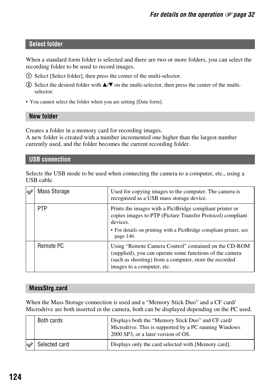 Select folder, New folder, Usb connection | Massstrg.card | Sony DSLR-A700 User Manual | Page 124 / 179