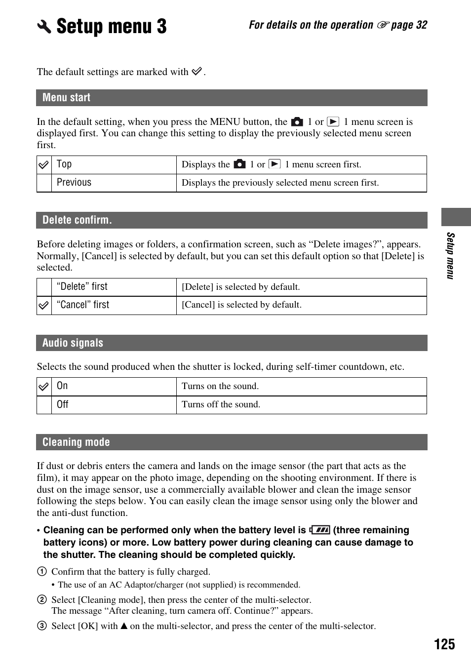 Setup menu 3, Menu start, Delete confirm | Audio signals, Cleaning mode | Sony DSLR-A700 User Manual | Page 125 / 179