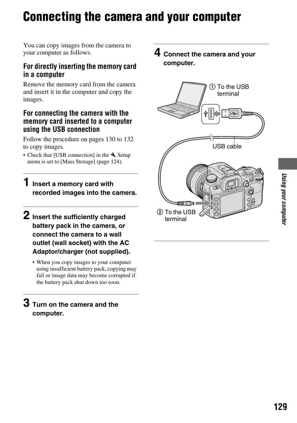 Connecting the camera and your computer | Sony DSLR-A700 User Manual | Page 129 / 179