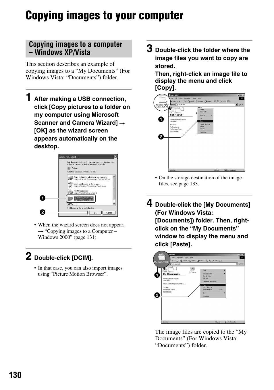 Copying images to your computer, Copying images to a computer – windows xp/vista | Sony DSLR-A700 User Manual | Page 130 / 179