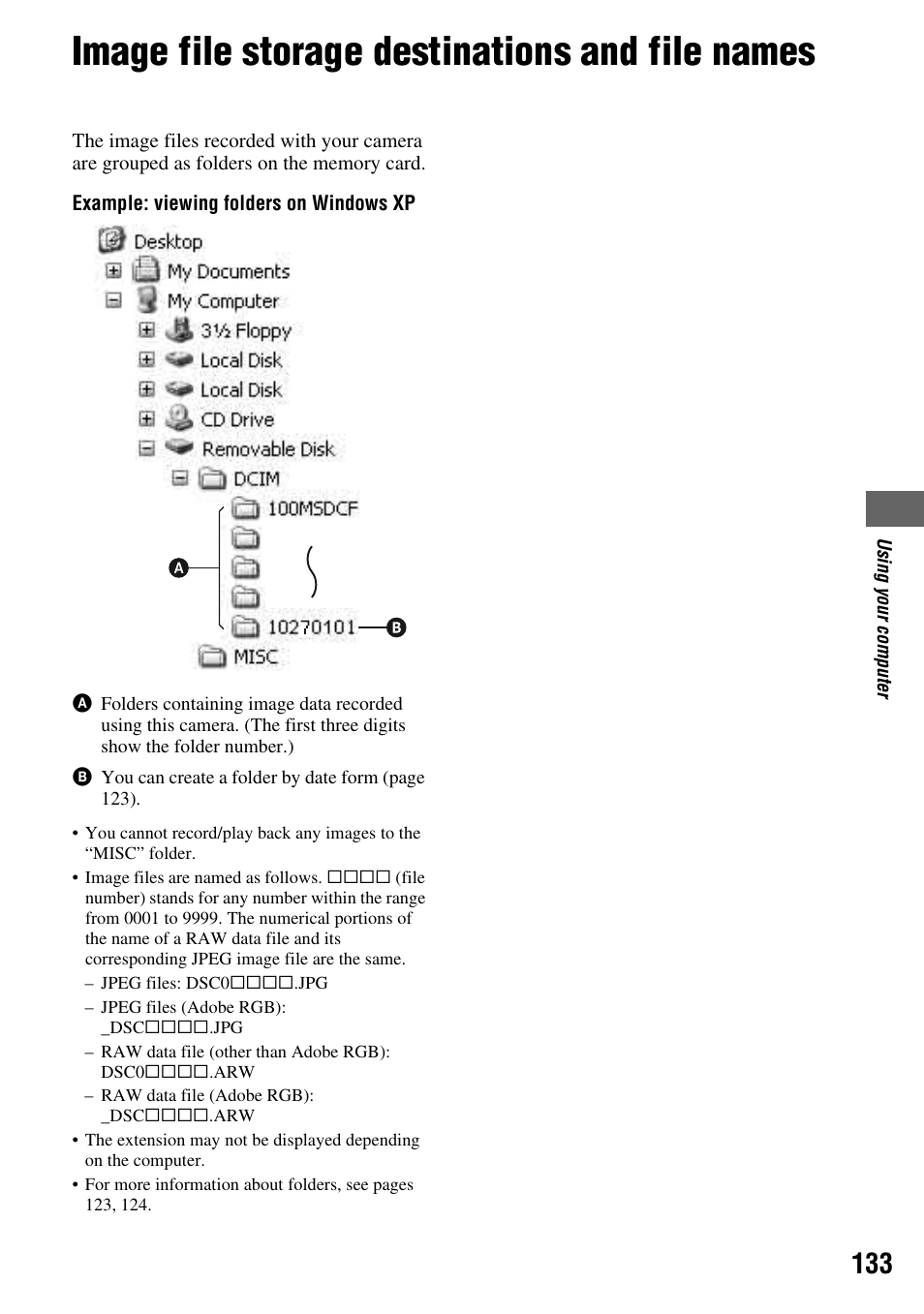 Image file storage destinations and file names | Sony DSLR-A700 User Manual | Page 133 / 179