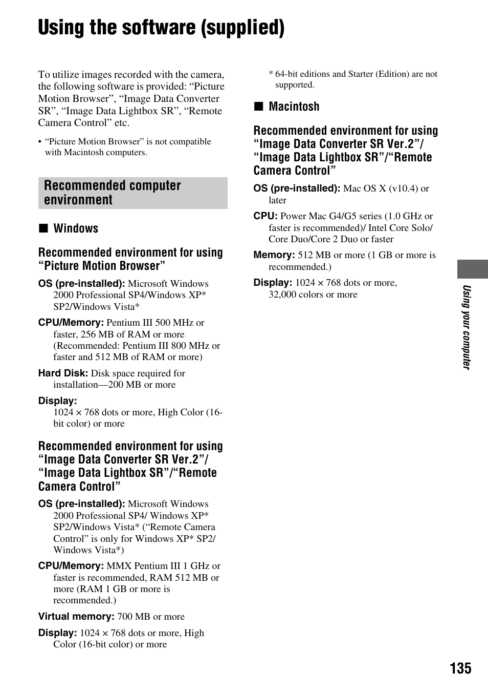 Using the software (supplied), Recommended computer environment | Sony DSLR-A700 User Manual | Page 135 / 179