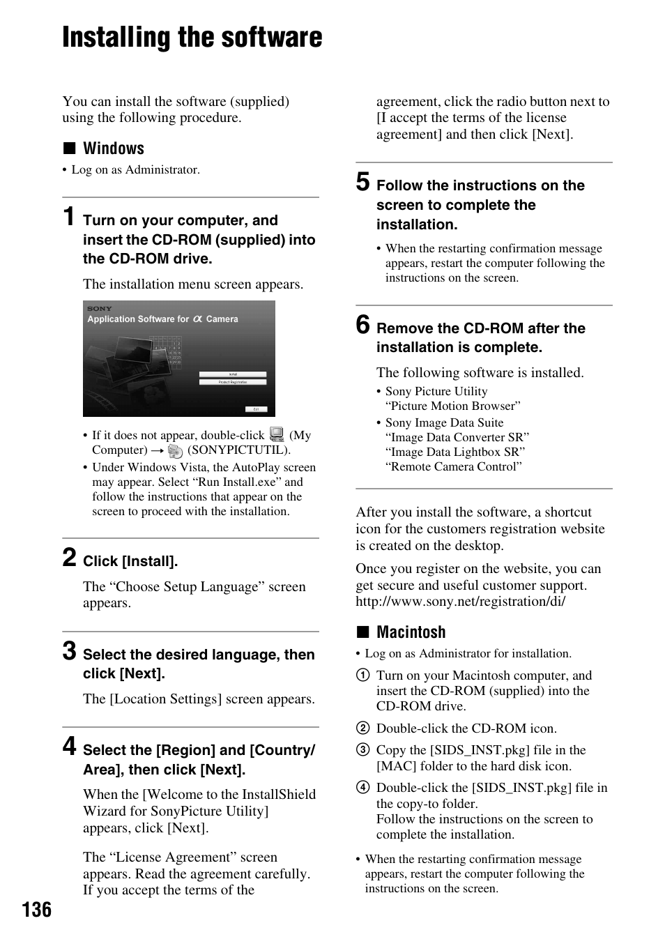 Installing the software | Sony DSLR-A700 User Manual | Page 136 / 179