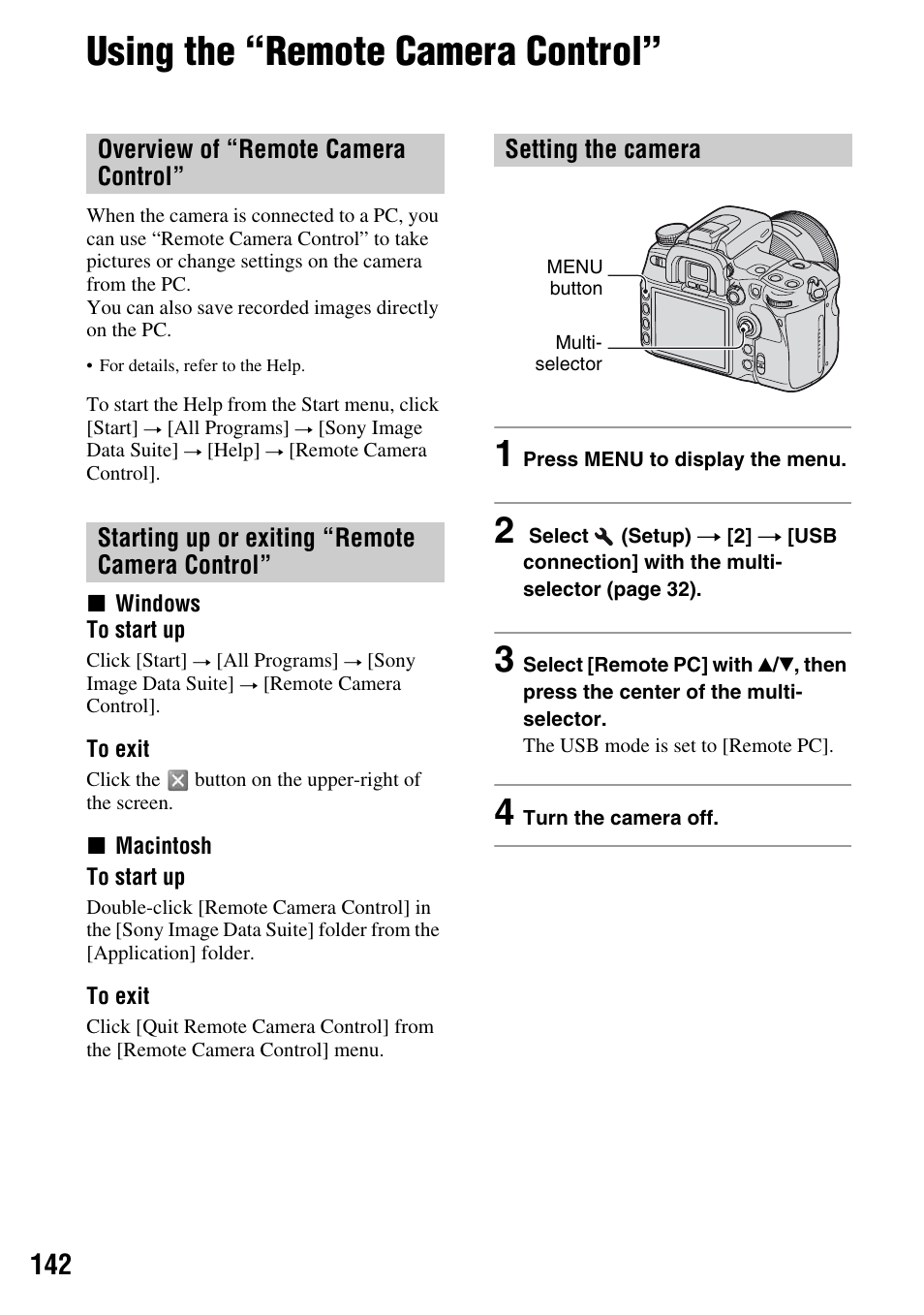 Using the “remote camera control | Sony DSLR-A700 User Manual | Page 142 / 179