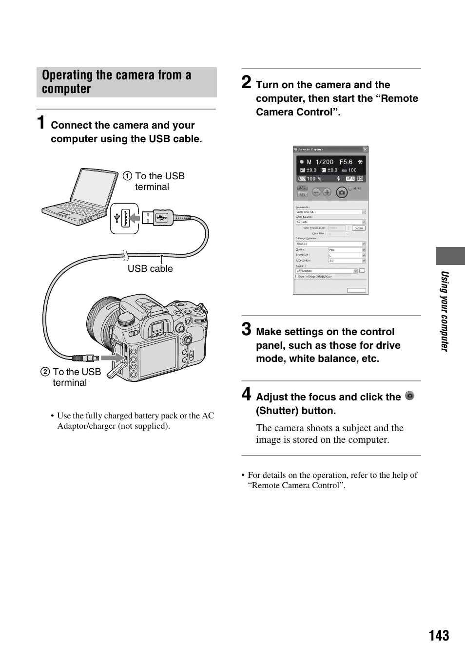 Operating the camera from a computer | Sony DSLR-A700 User Manual | Page 143 / 179