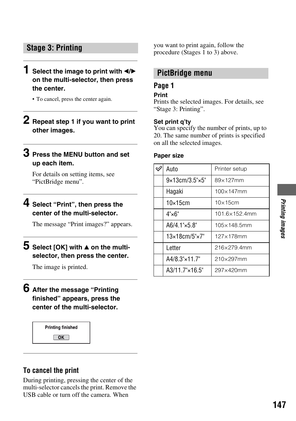 Stage 3: printing pictbridge menu | Sony DSLR-A700 User Manual | Page 147 / 179