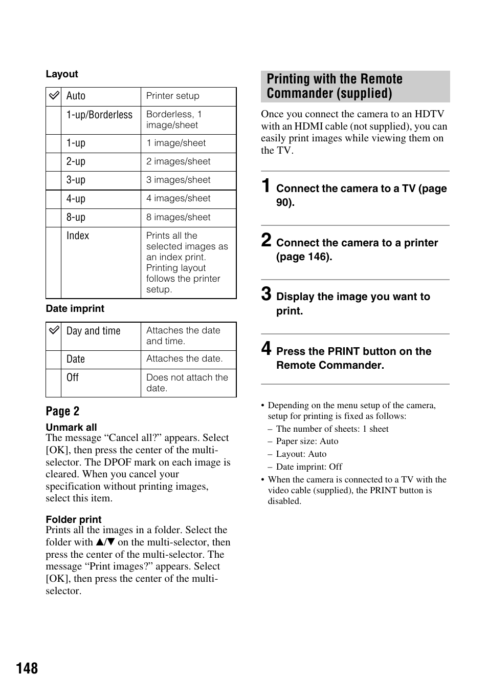 N (148), Printing with the remote commander (supplied) | Sony DSLR-A700 User Manual | Page 148 / 179