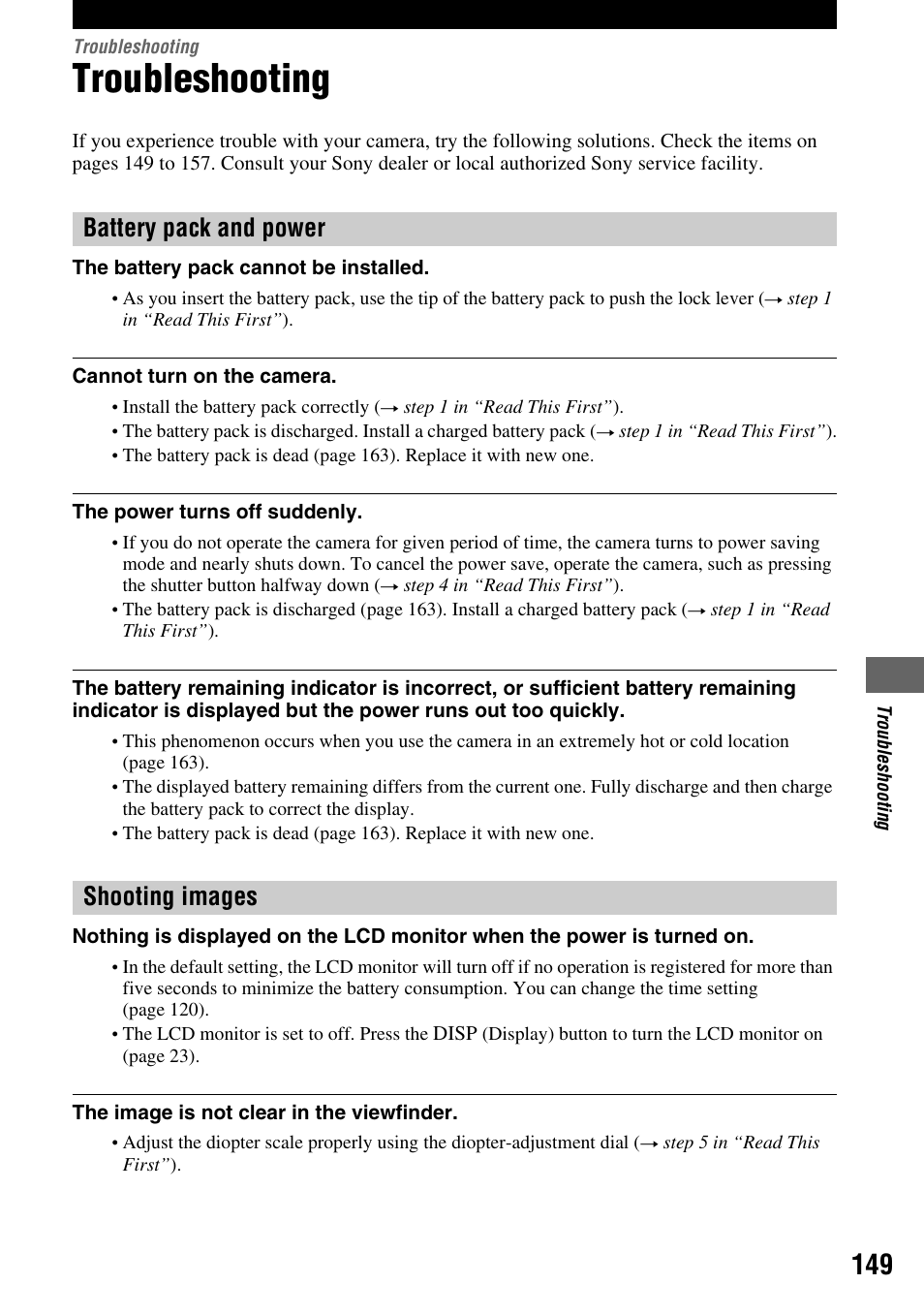 Troubleshooting, Battery pack and power shooting images | Sony DSLR-A700 User Manual | Page 149 / 179