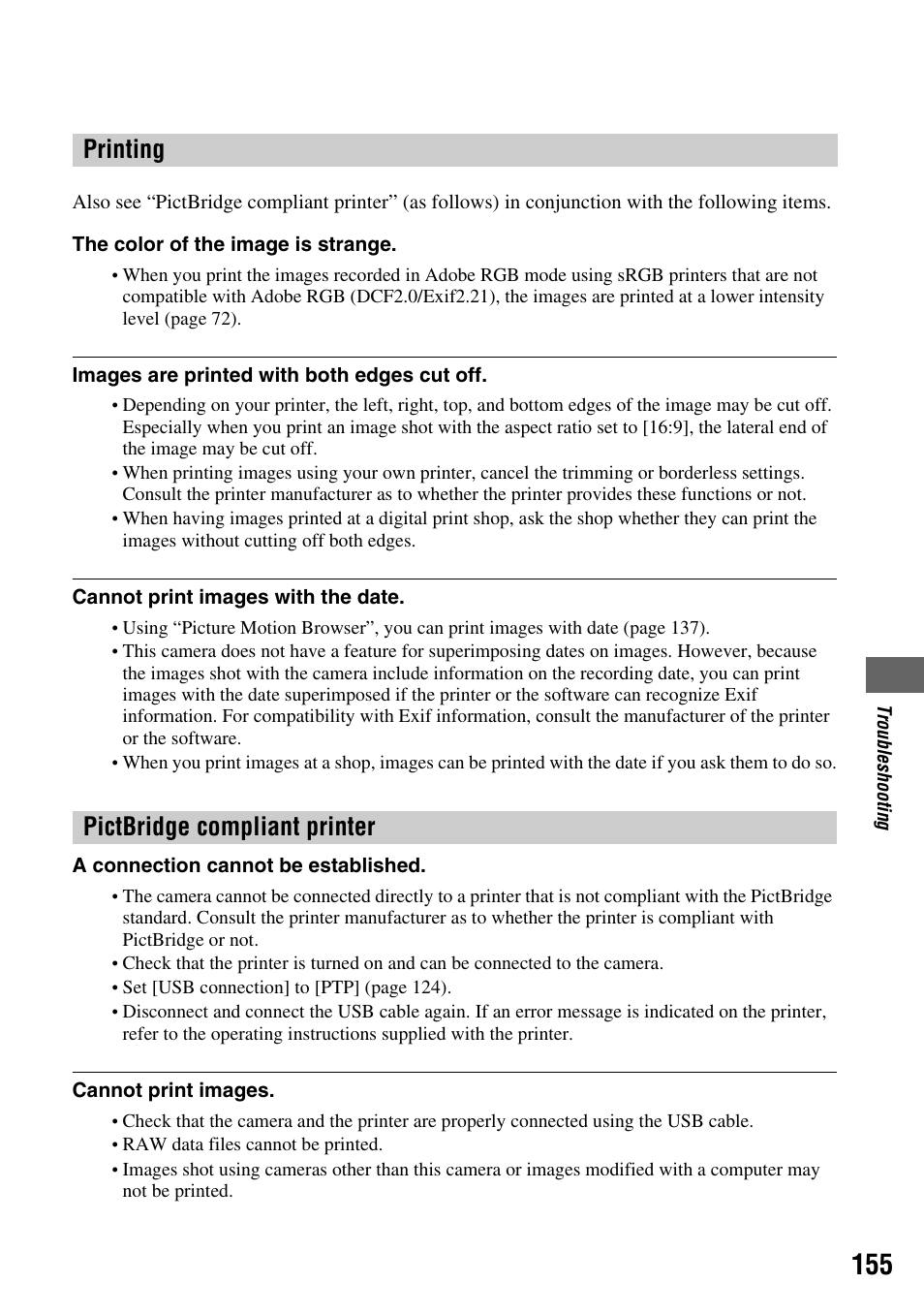 Printing pictbridge compliant printer | Sony DSLR-A700 User Manual | Page 155 / 179