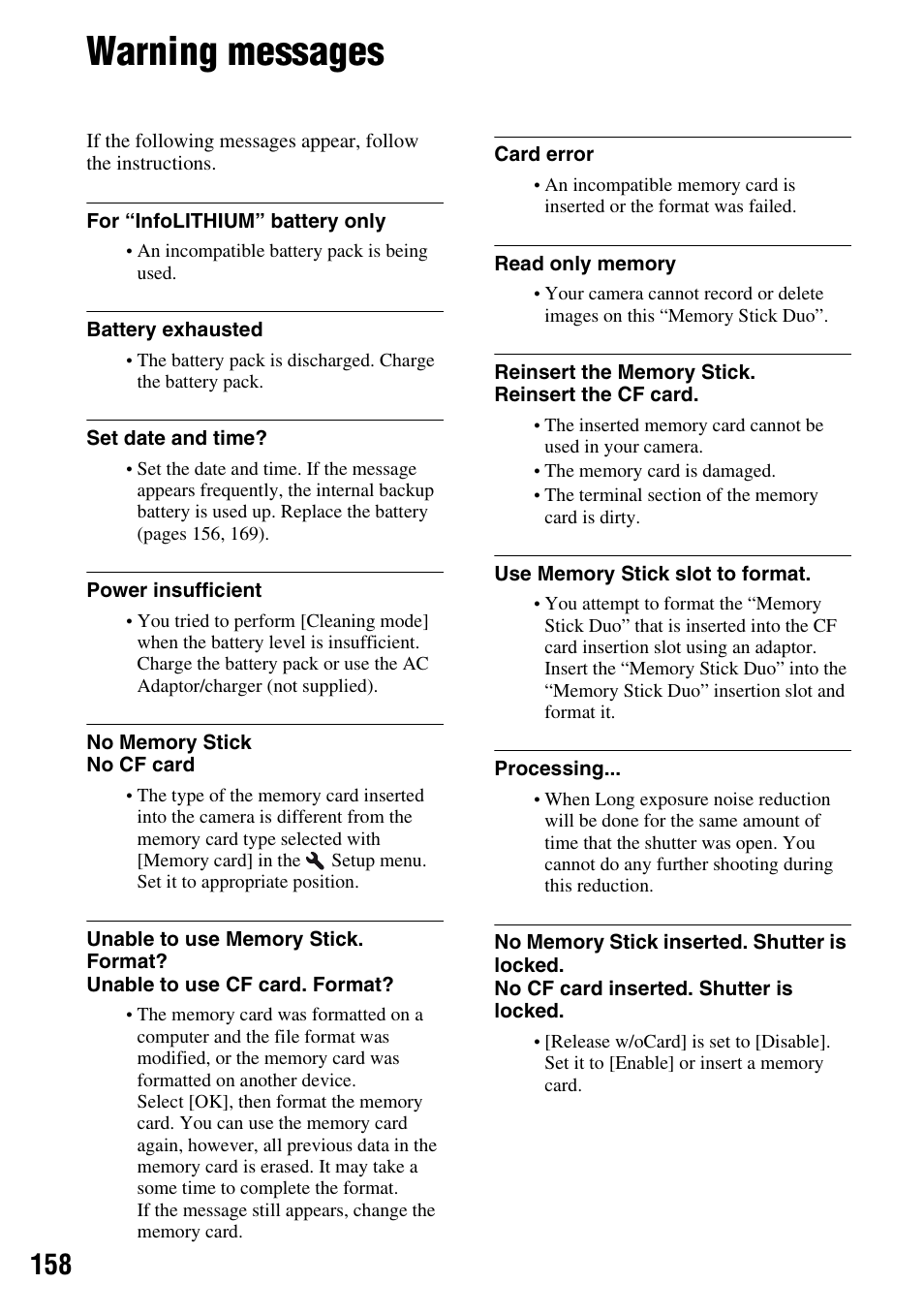 Warning messages | Sony DSLR-A700 User Manual | Page 158 / 179