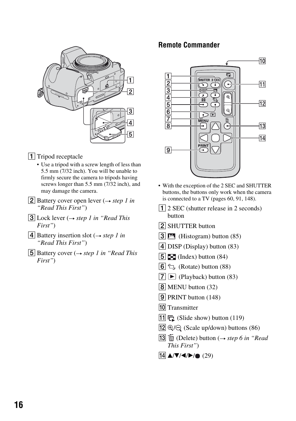 Remote commander | Sony DSLR-A700 User Manual | Page 16 / 179