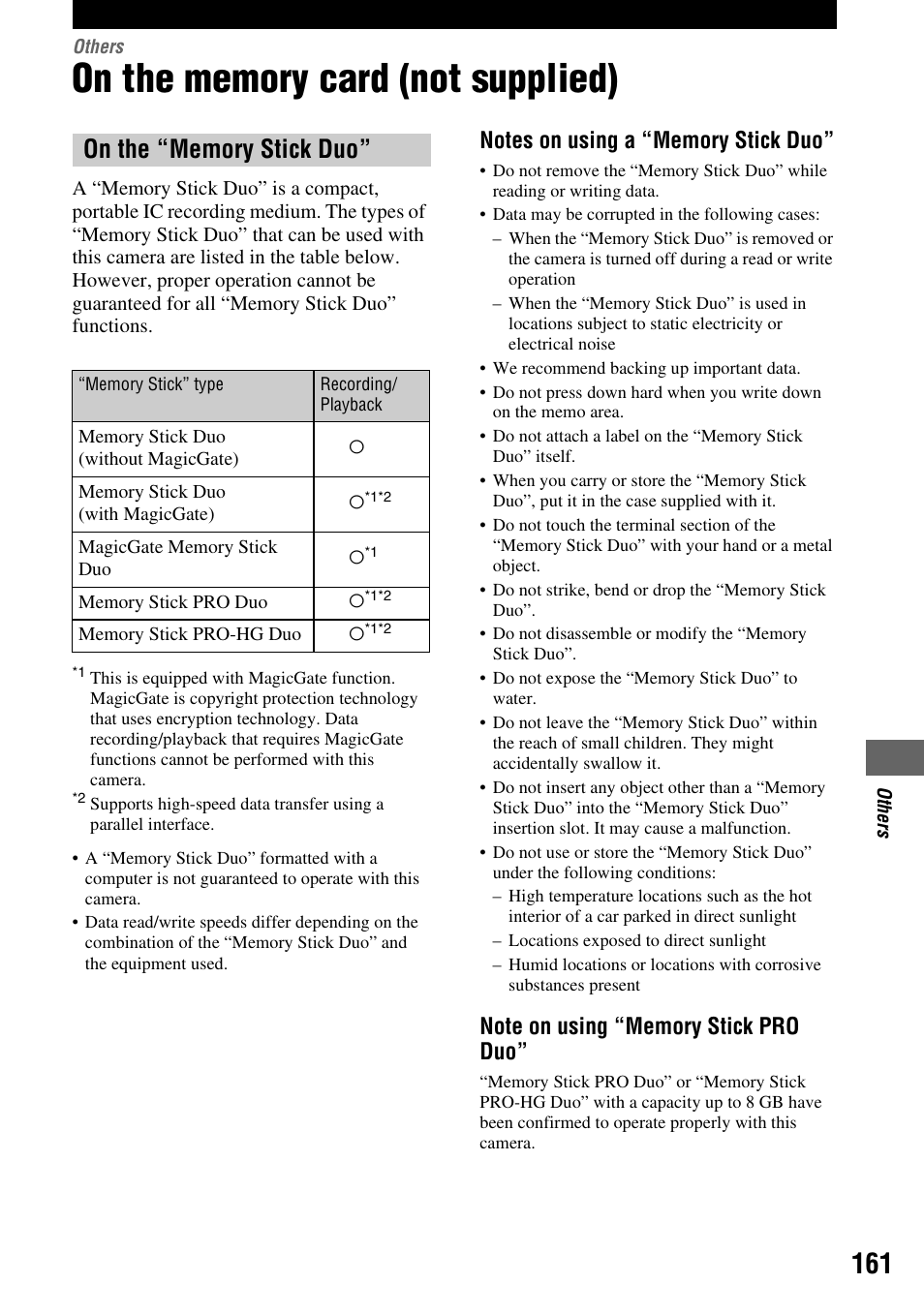 Others, On the memory card (not supplied), Duo”, see | Sony DSLR-A700 User Manual | Page 161 / 179