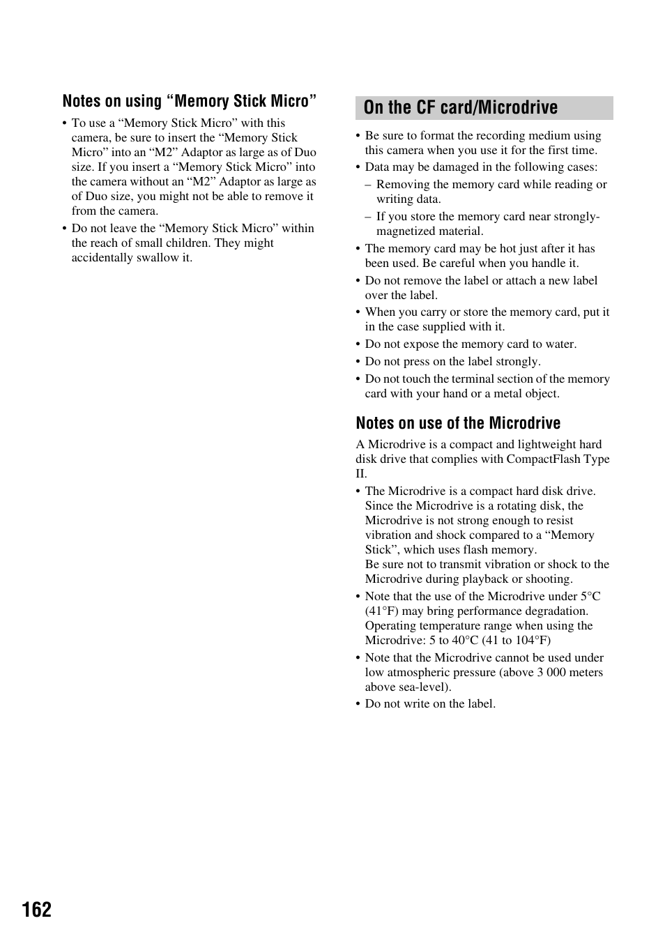 On the cf card/microdrive | Sony DSLR-A700 User Manual | Page 162 / 179