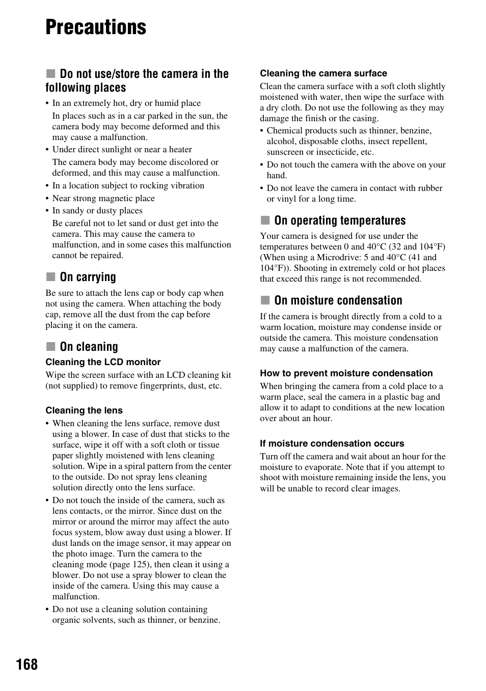 Precautions | Sony DSLR-A700 User Manual | Page 168 / 179