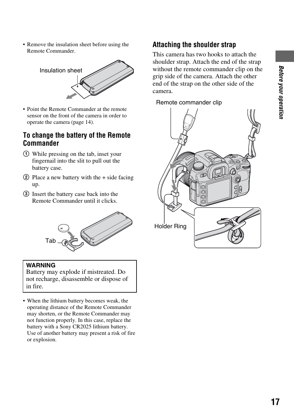 Lder strap (17), Attaching the shoulder strap | Sony DSLR-A700 User Manual | Page 17 / 179