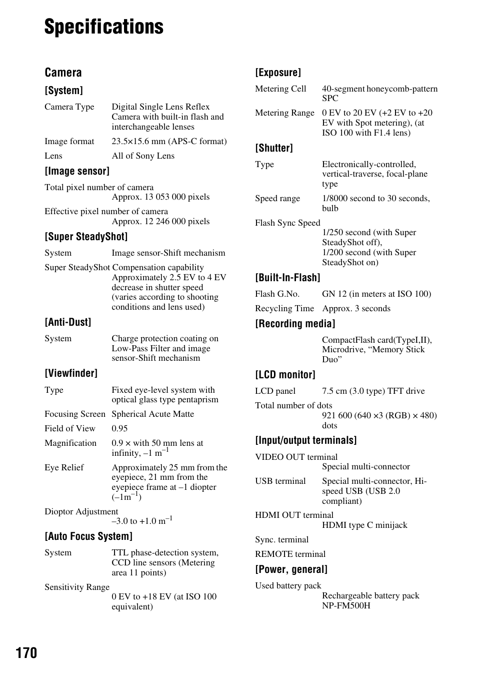 Specifications, Camera | Sony DSLR-A700 User Manual | Page 170 / 179