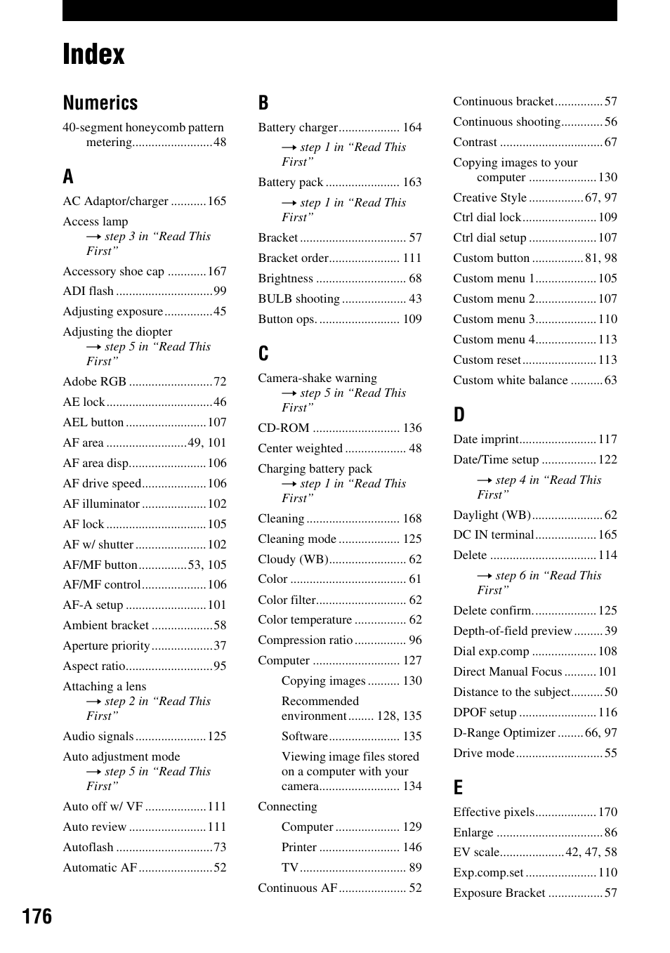 Index, Numerics | Sony DSLR-A700 User Manual | Page 176 / 179