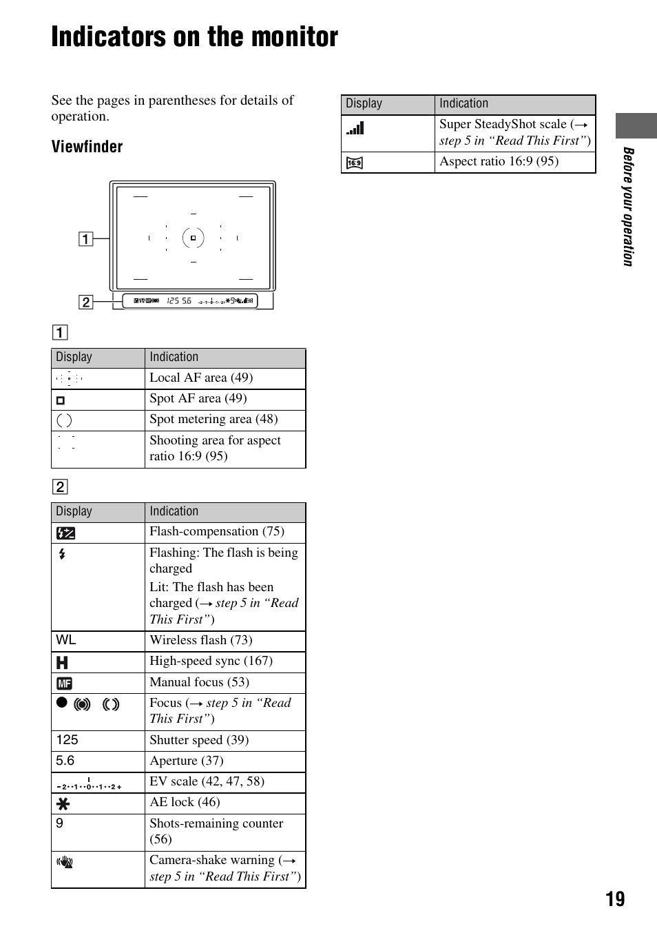 Indicators on the monitor, Viewfinder | Sony DSLR-A700 User Manual | Page 19 / 179