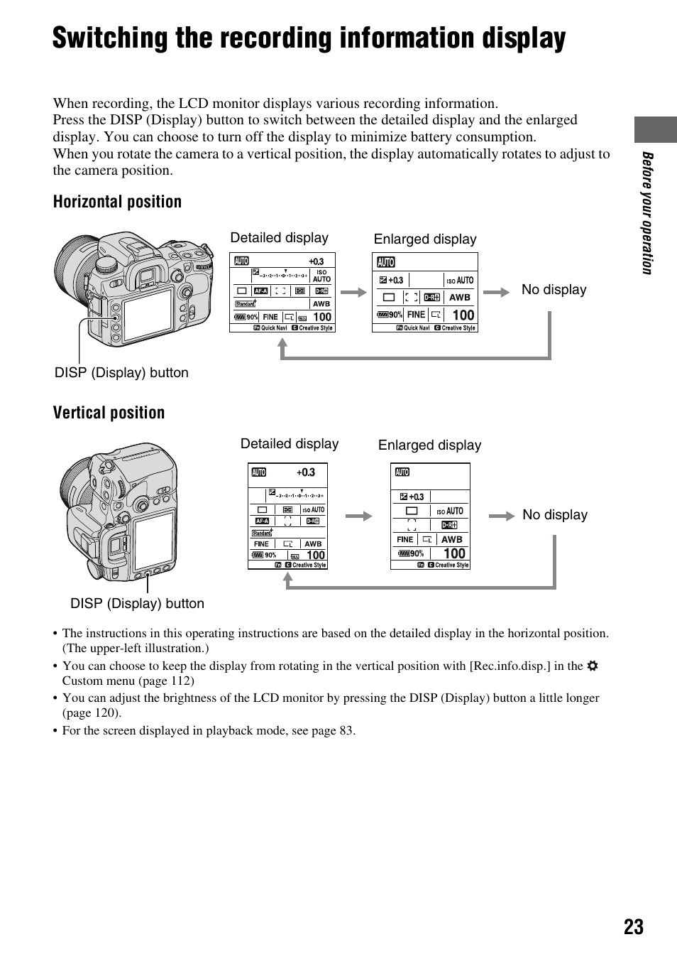 Switching the recording information display | Sony DSLR-A700 User Manual | Page 23 / 179