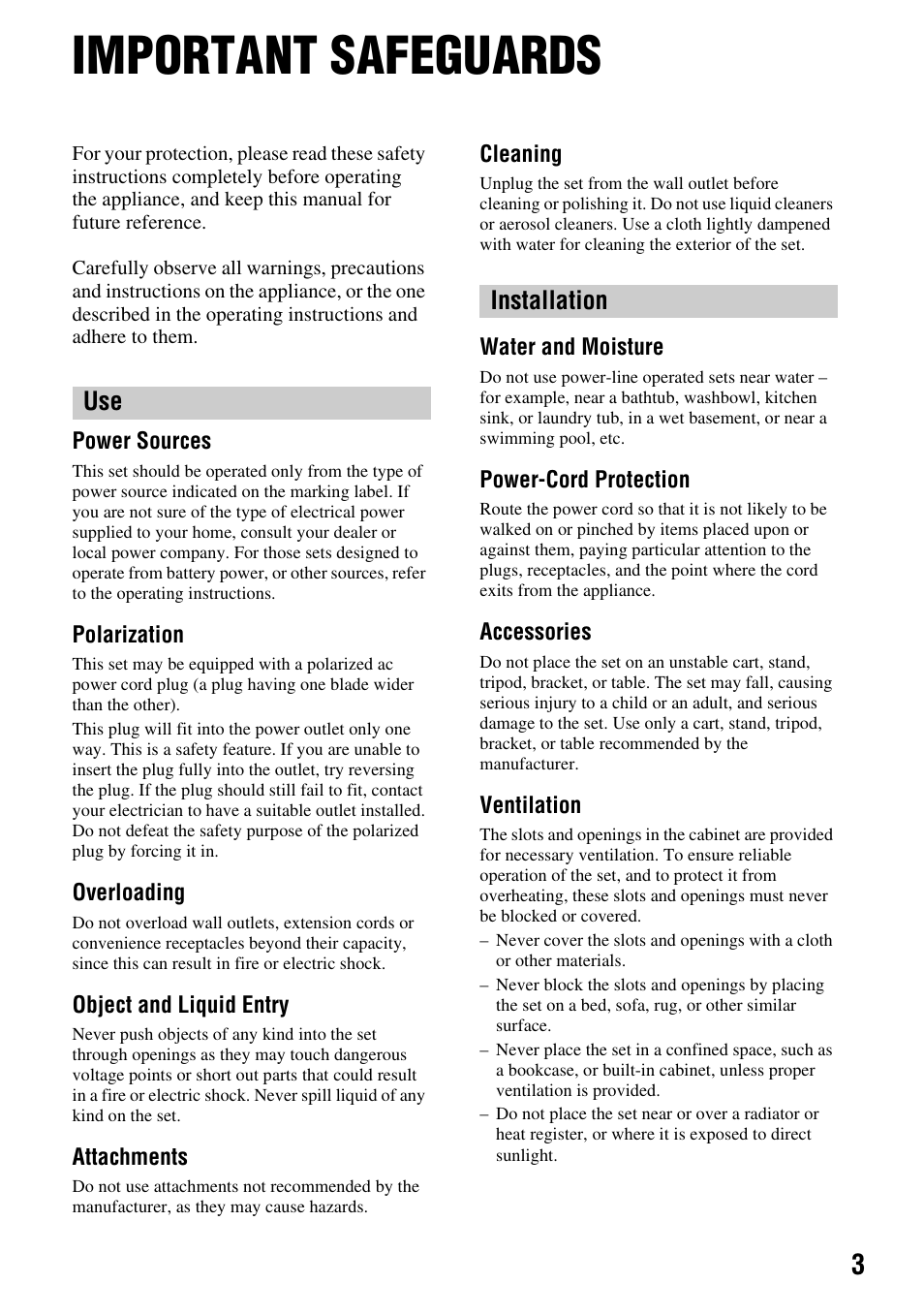 Important safeguards, Use installation | Sony DSLR-A700 User Manual | Page 3 / 179