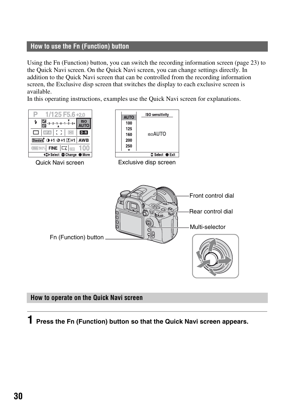 How to use the fn (function) button, Tton (30) | Sony DSLR-A700 User Manual | Page 30 / 179