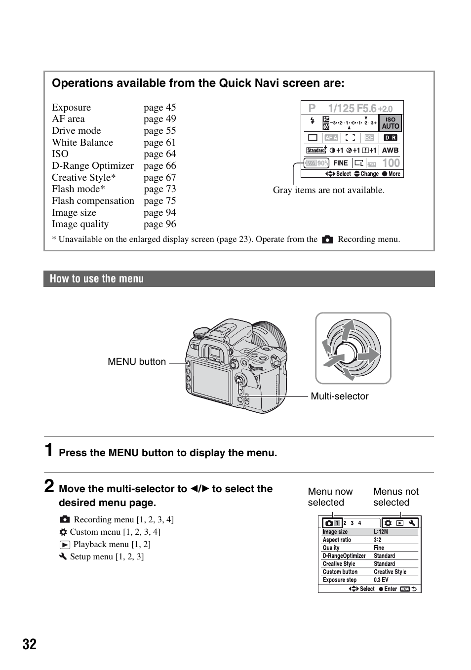 How to use the menu, N (32) | Sony DSLR-A700 User Manual | Page 32 / 179