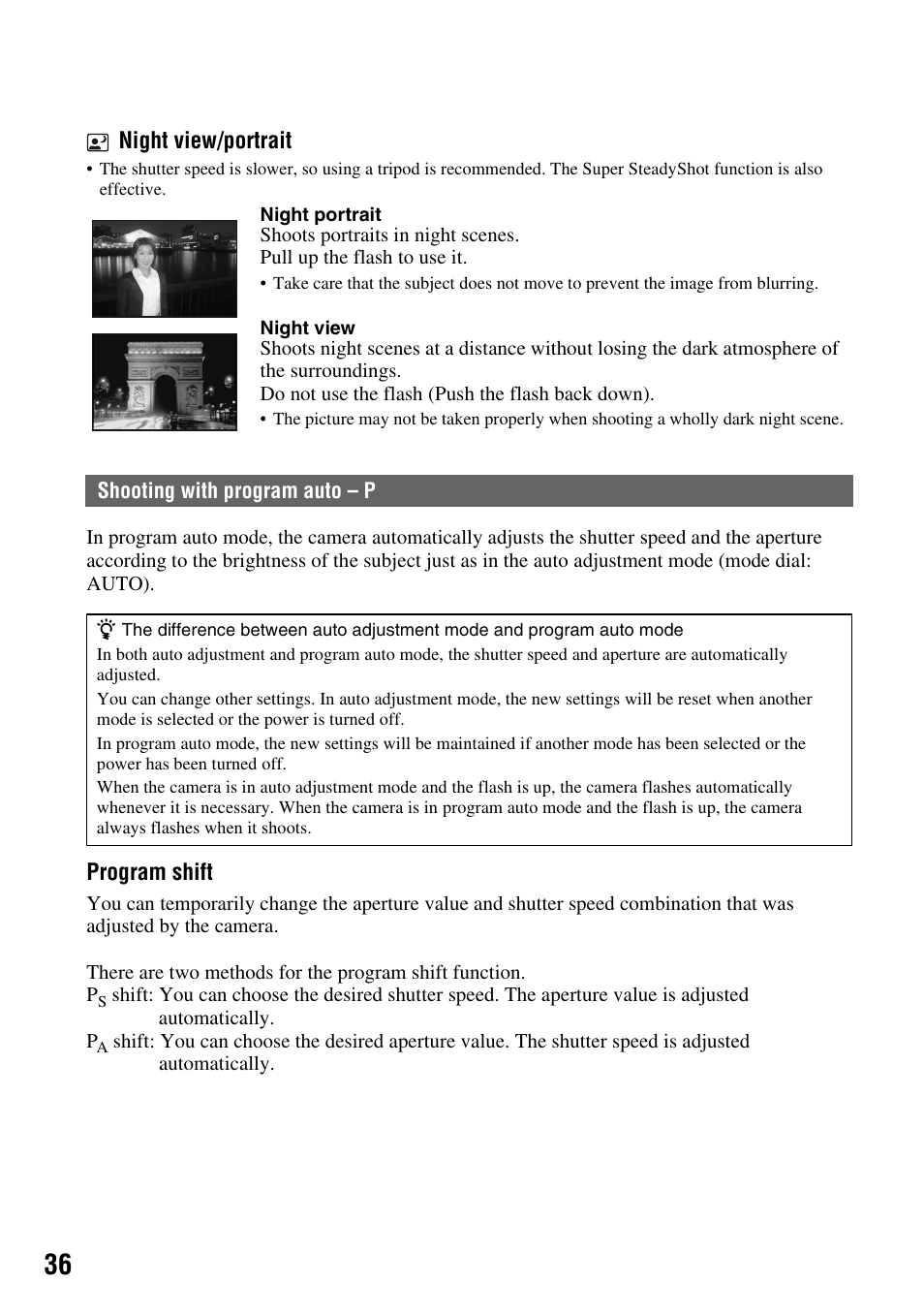 Shooting with program auto - p, Shooting with program auto – p | Sony DSLR-A700 User Manual | Page 36 / 179