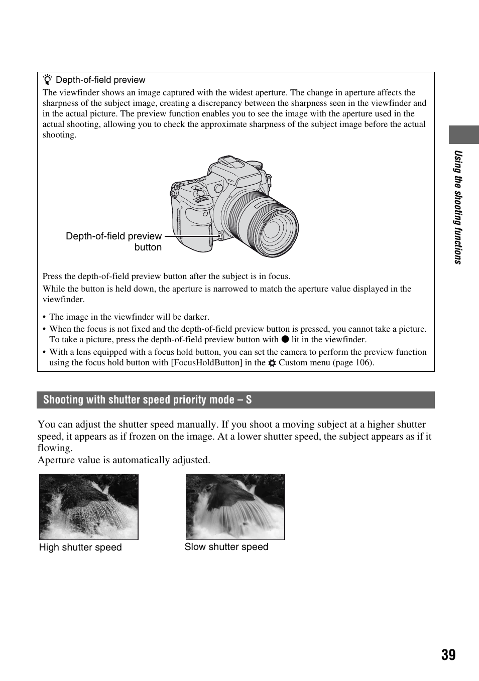 Shooting with shutter speed priority mode - s, Shooting with shutter speed priority mode – s, Eview button (39) | Sony DSLR-A700 User Manual | Page 39 / 179